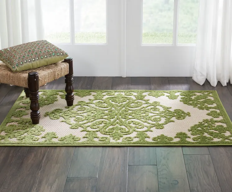 3' X 4' Green Damask Indoor Outdoor Area Rug