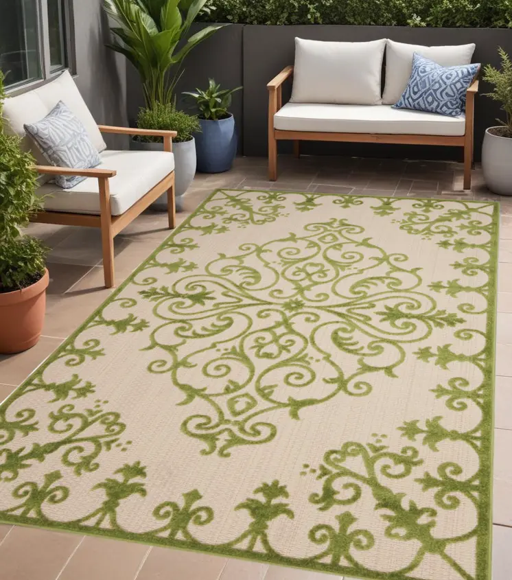 4' X 6' Green Damask Indoor Outdoor Area Rug