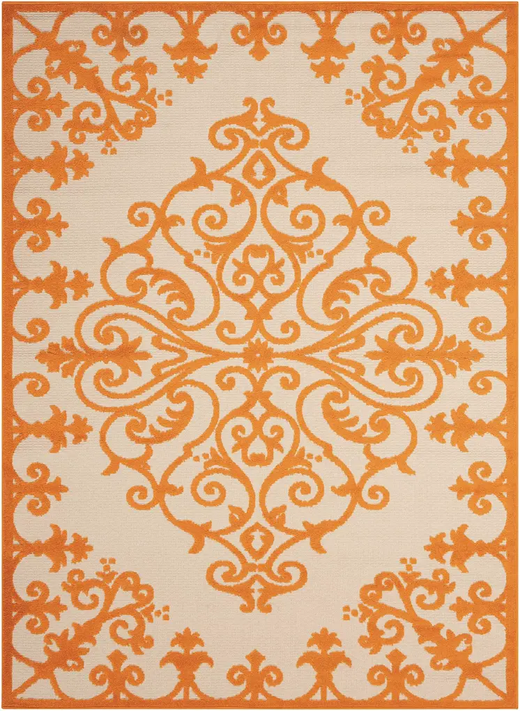 8' X 11' Orange And Ivory Damask Indoor Outdoor Area Rug