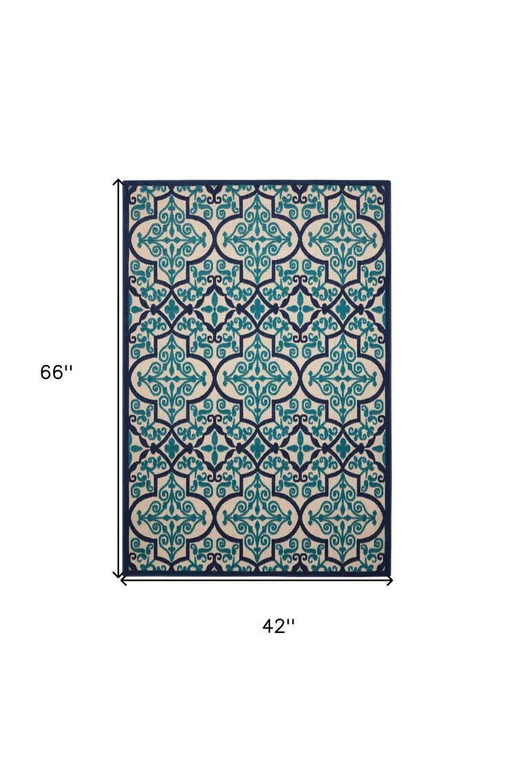 4' X 6' Blue And Ivory Moroccan Indoor Outdoor Area Rug