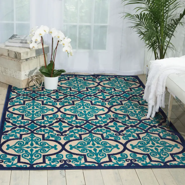 5' X 8' Blue And Ivory Moroccan Indoor Outdoor Area Rug