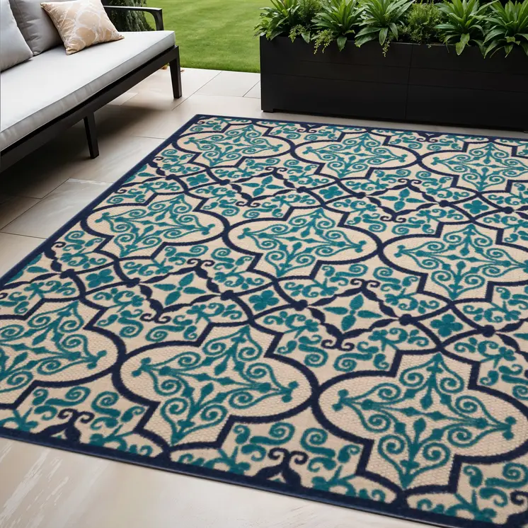 5' X 8' Blue And Ivory Moroccan Indoor Outdoor Area Rug