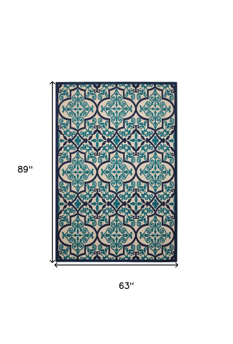 5' X 8' Blue And Ivory Moroccan Indoor Outdoor Area Rug