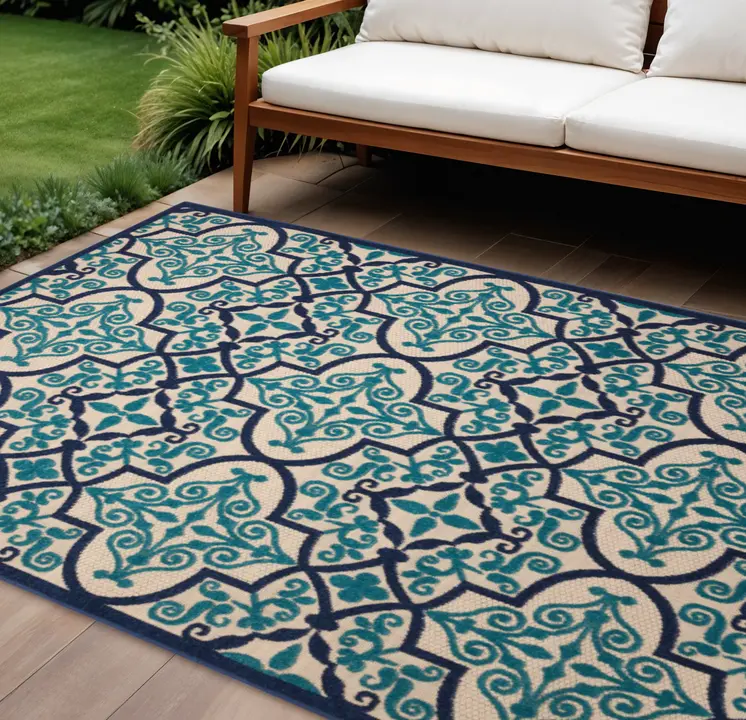 8' X 11' Blue And Ivory Moroccan Indoor Outdoor Area Rug