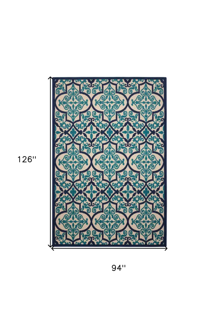 8' X 11' Blue And Ivory Moroccan Indoor Outdoor Area Rug