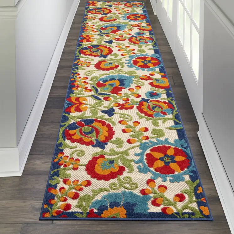 12' Green And Ivory Floral Indoor Outdoor Runner Rug
