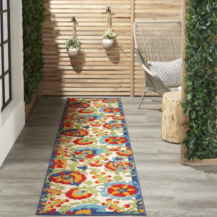 12' Green And Ivory Floral Indoor Outdoor Runner Rug