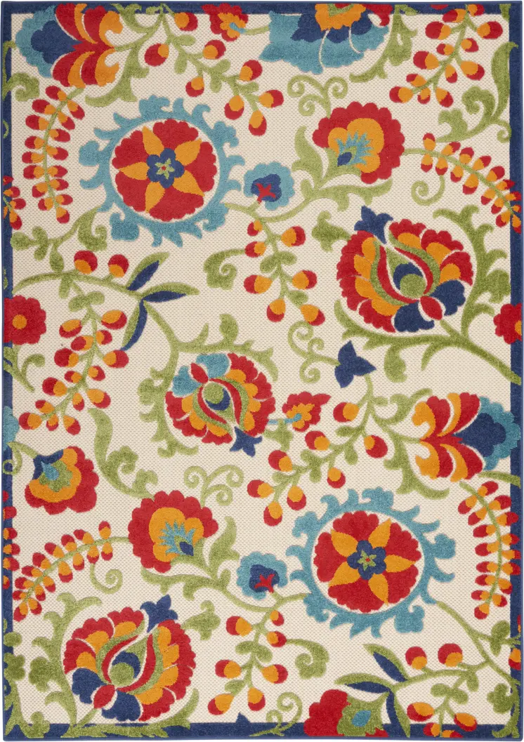 5' X 8' Green And Ivory Floral Indoor Outdoor Area Rug