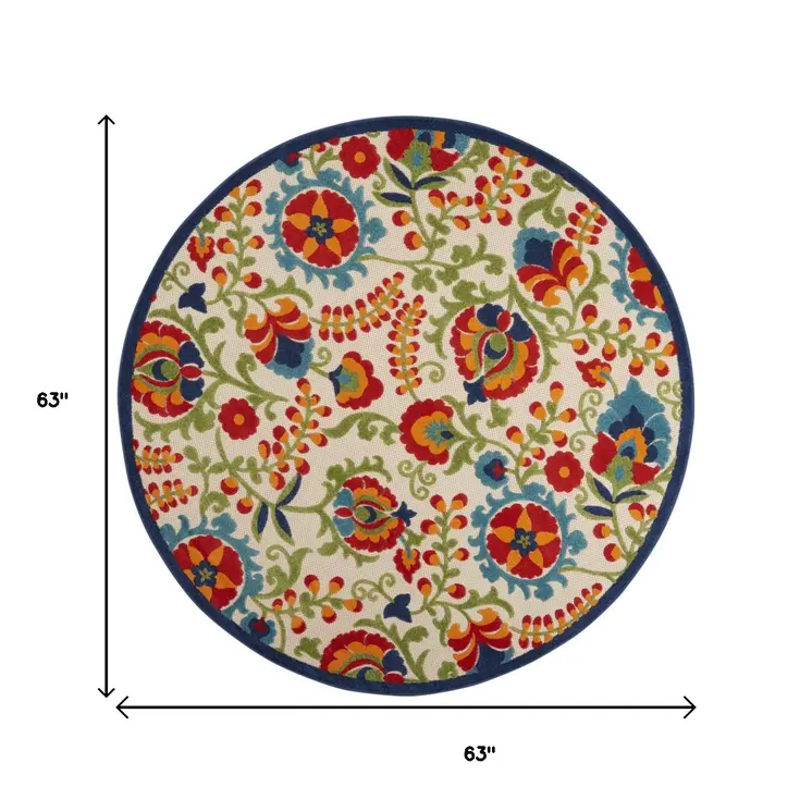 5' Green And Ivory Round Indoor Outdoor Area Rug