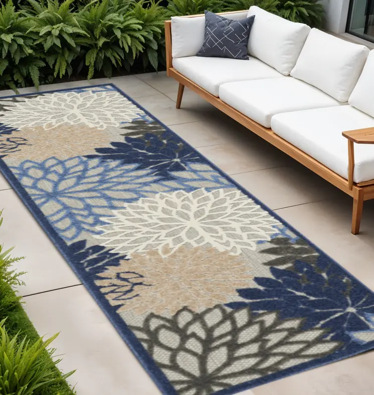 12' Blue And Gray Indoor Outdoor Runner Rug