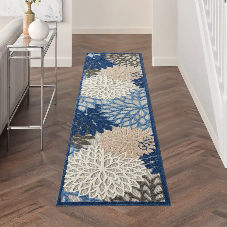 12' Blue And Gray Indoor Outdoor Runner Rug