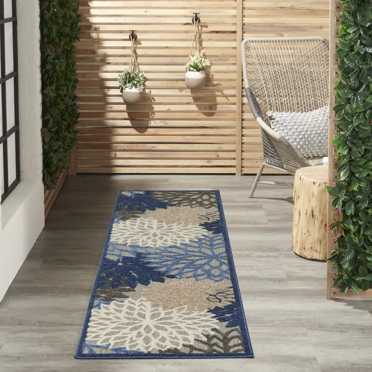 12' Blue And Gray Indoor Outdoor Runner Rug