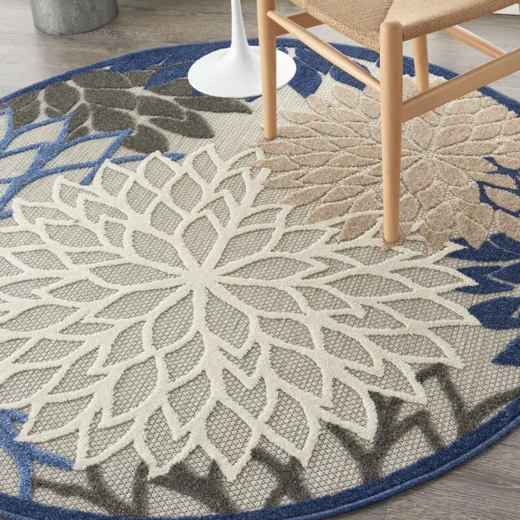 4' Blue And Gray Round Indoor Outdoor Area Rug