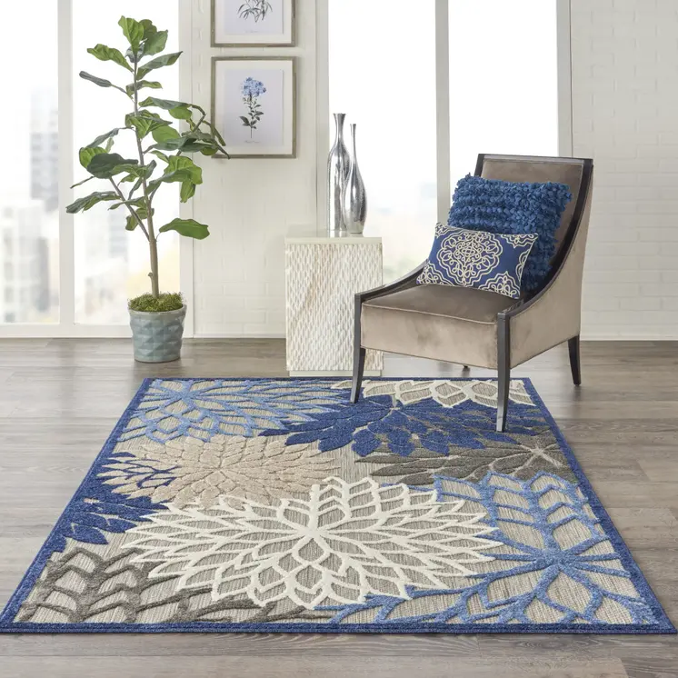 5' X 8' Blue And Gray Floral Indoor Outdoor Area Rug