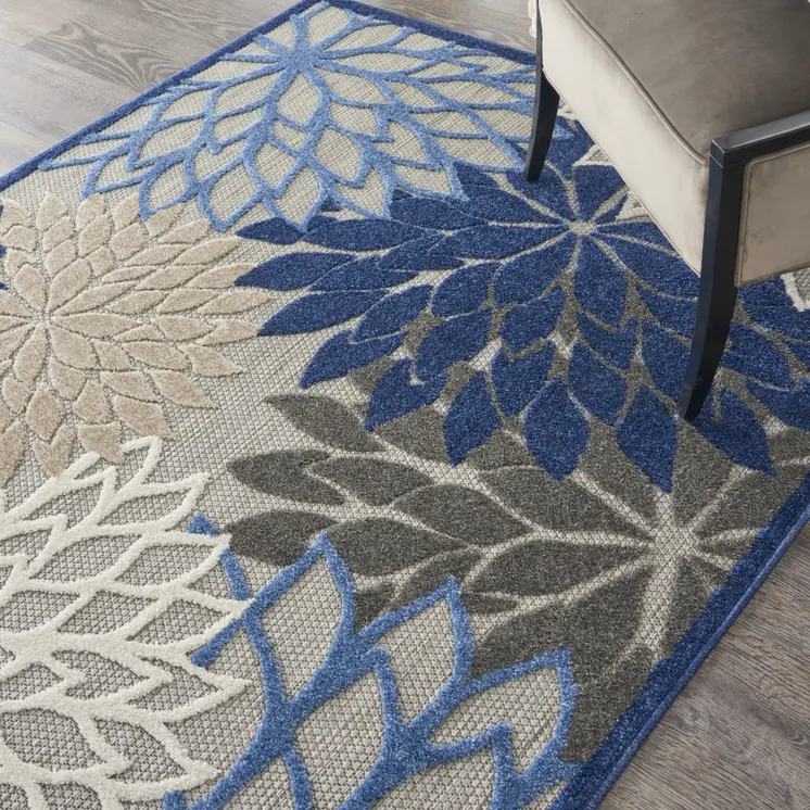 5' X 8' Blue And Gray Floral Indoor Outdoor Area Rug