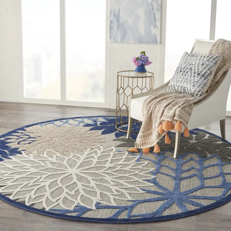 8' Blue And Gray Round Indoor Outdoor Area Rug