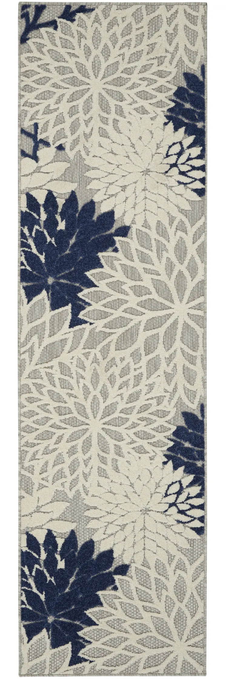 6' Ivory And Blue Floral Handmade Indoor Outdoor Runner Rug
