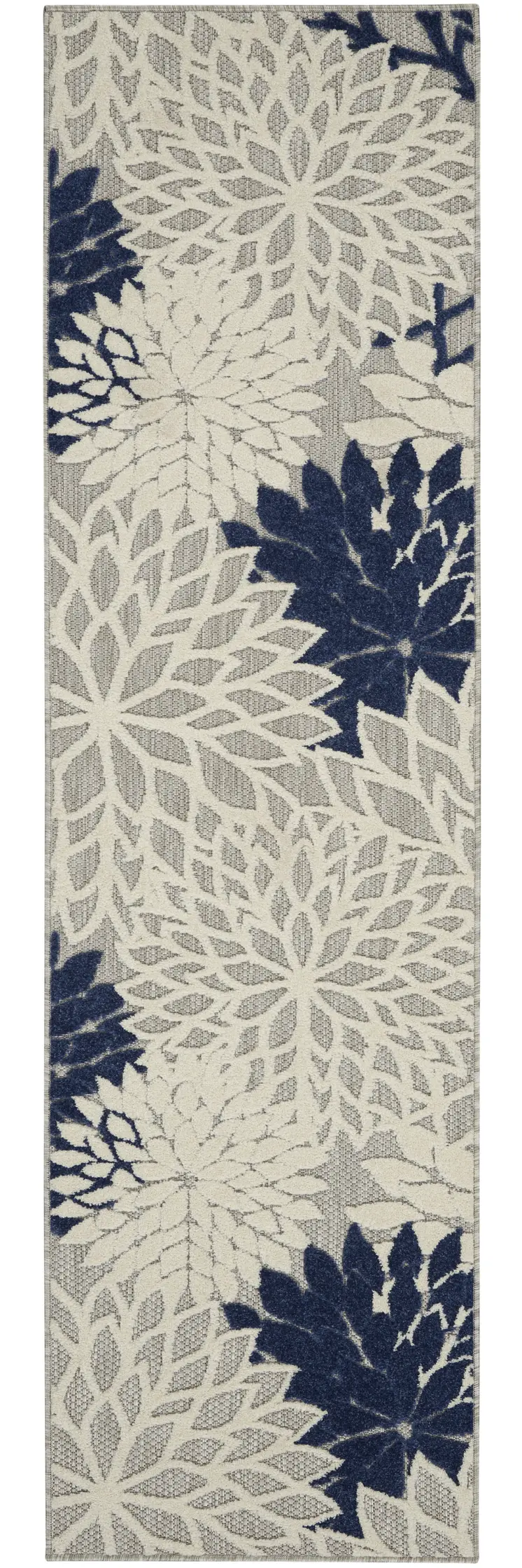 6' Ivory And Blue Floral Handmade Indoor Outdoor Runner Rug