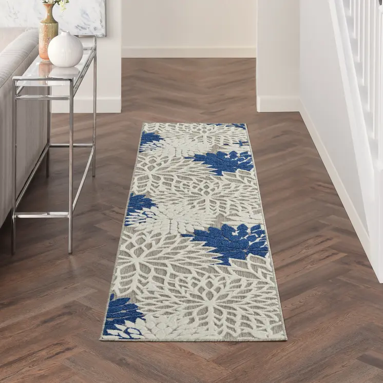 6' Ivory And Blue Floral Handmade Indoor Outdoor Runner Rug