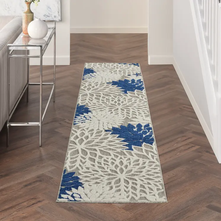 10' Ivory And Blue Indoor Outdoor Area Rug