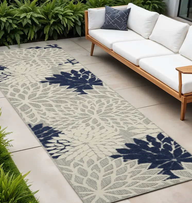 12' Ivory And Blue Indoor Outdoor Runner Rug