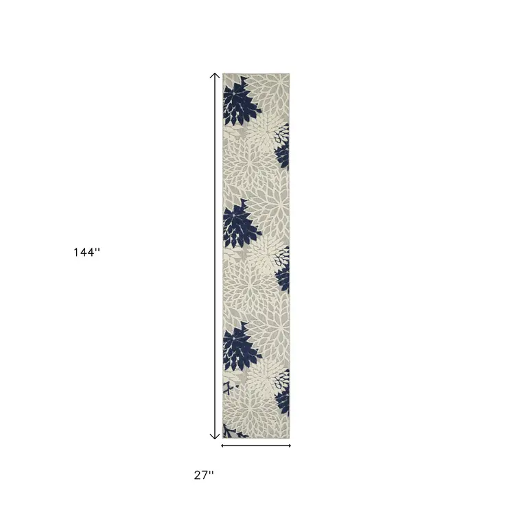 12' Ivory And Blue Indoor Outdoor Runner Rug