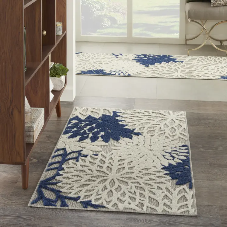 3' X 4' Ivory And Blue Indoor Outdoor Area Rug