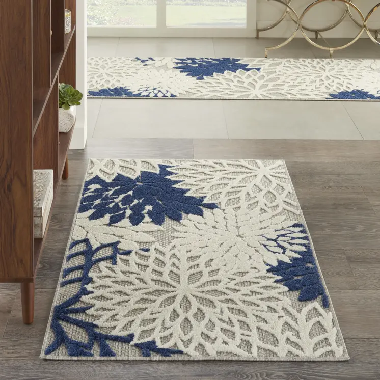 3' X 4' Ivory And Blue Indoor Outdoor Area Rug