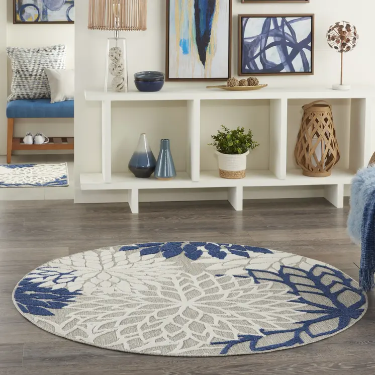 4' Ivory And Blue Round Indoor Outdoor Area Rug