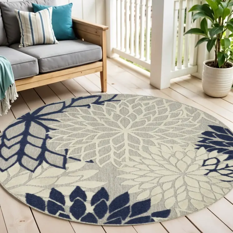 4' Ivory And Blue Round Indoor Outdoor Area Rug