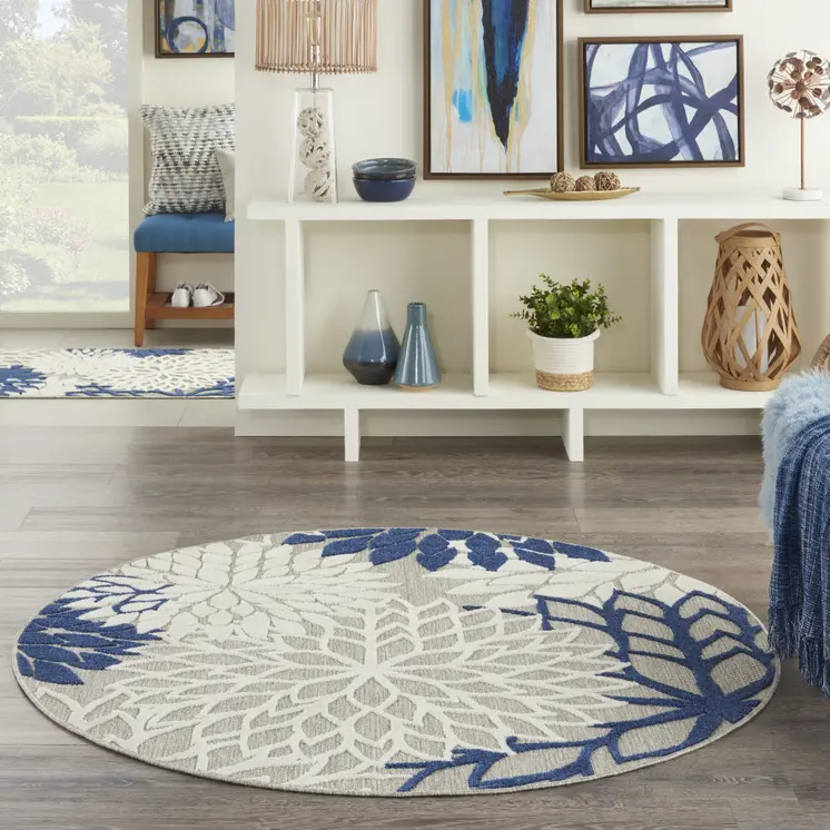 4' Ivory And Blue Round Indoor Outdoor Area Rug