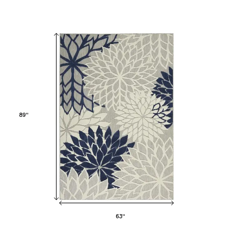 5' X 8' Ivory And Blue Floral Indoor Outdoor Area Rug