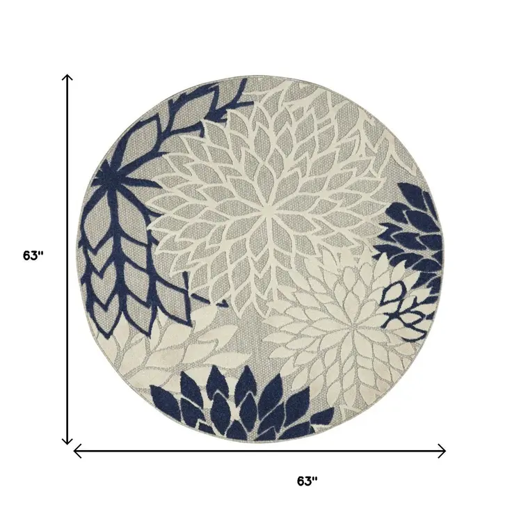 5' Ivory And Blue Round Indoor Outdoor Area Rug