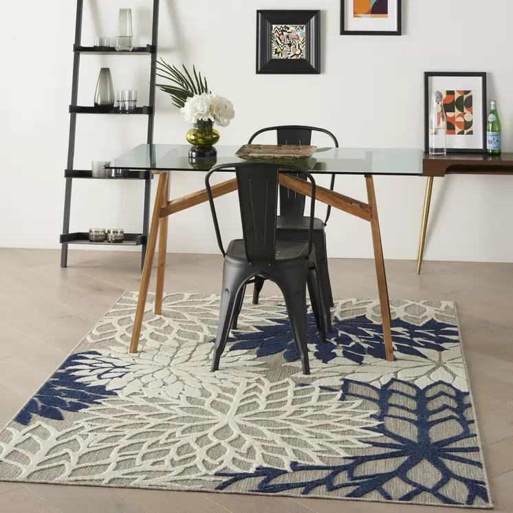 6' X 9' Ivory And Blue Indoor Outdoor Area Rug
