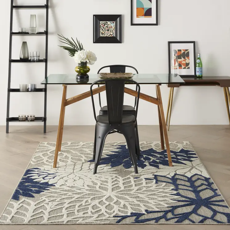 6' X 9' Ivory And Blue Indoor Outdoor Area Rug