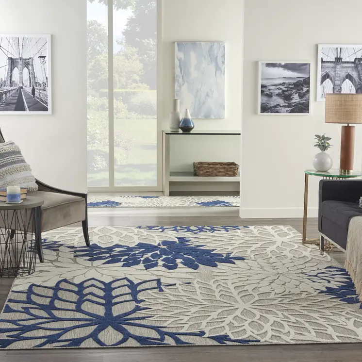 8' X 11' Ivory And Blue Indoor Outdoor Area Rug