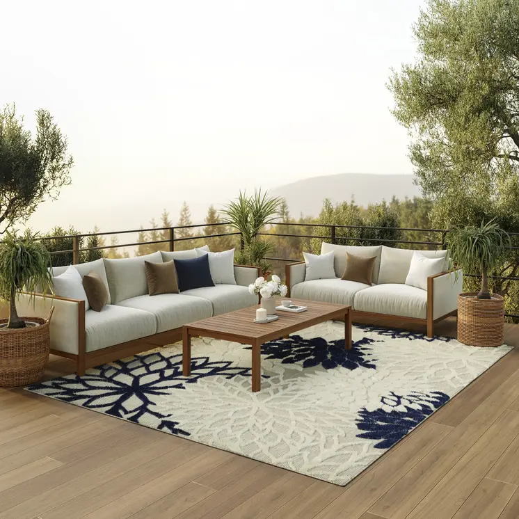 8' X 11' Ivory And Blue Indoor Outdoor Area Rug