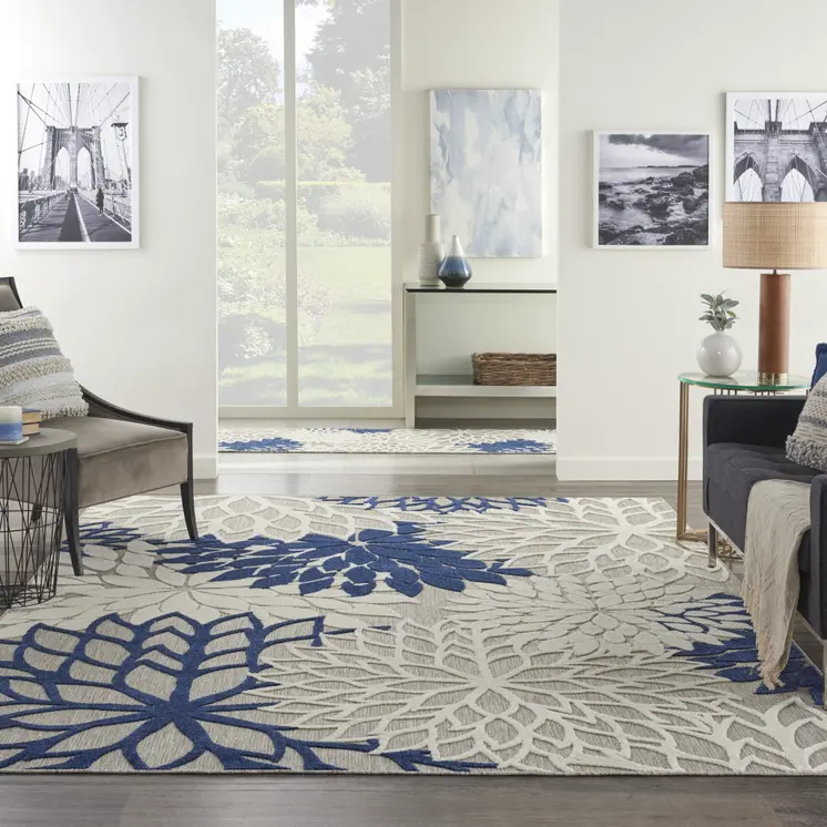 8' X 11' Ivory And Blue Indoor Outdoor Area Rug