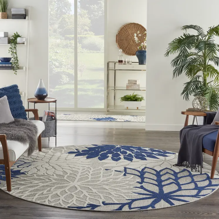 8' Ivory And Blue Round Indoor Outdoor Area Rug