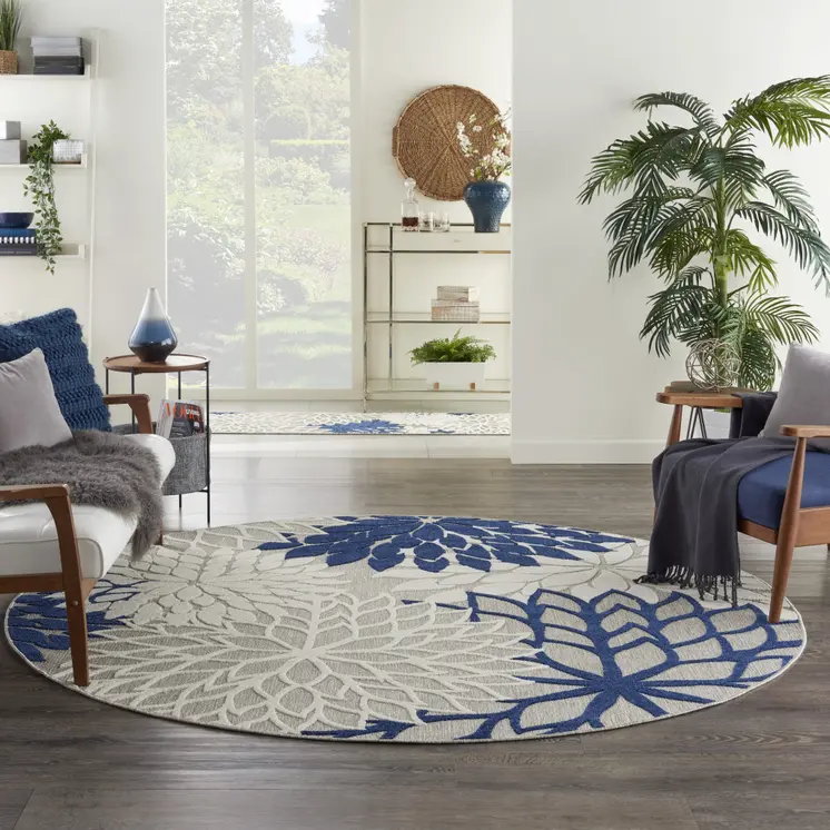 8' Ivory And Blue Round Indoor Outdoor Area Rug
