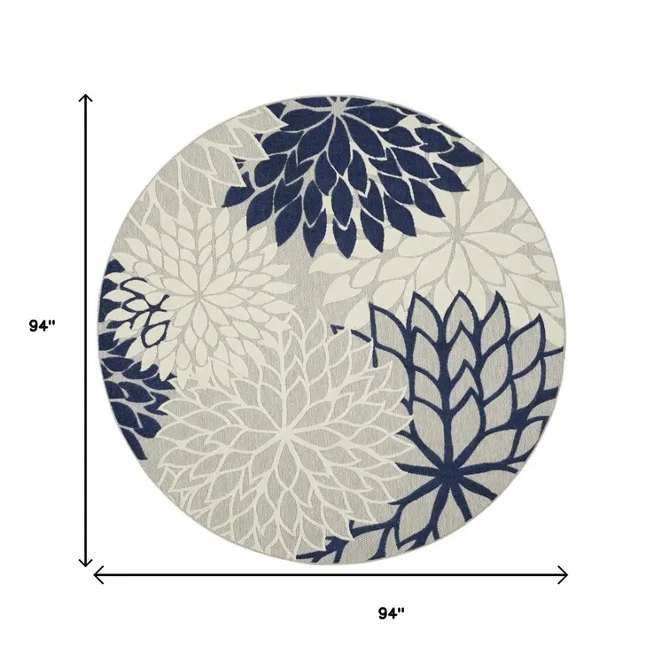 8' Ivory And Blue Round Indoor Outdoor Area Rug