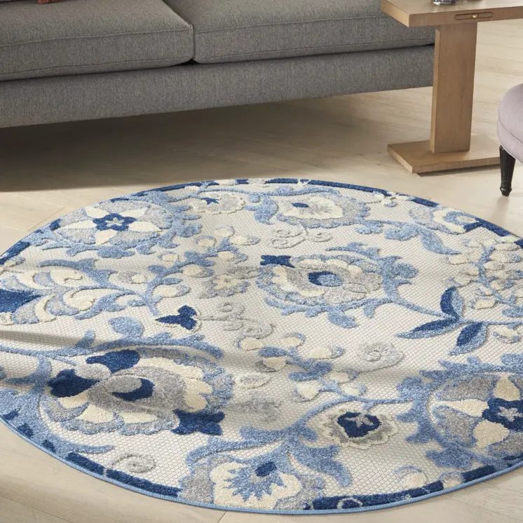 4' Blue And Gray Round Indoor Outdoor Area Rug