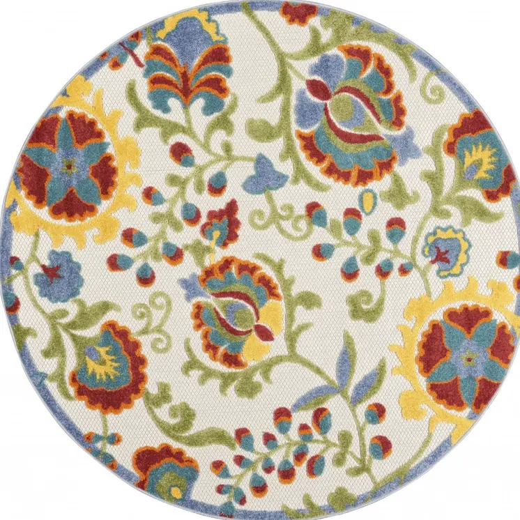 4' Green And Ivory Round Indoor Outdoor Area Rug