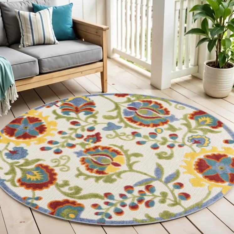 4' Green And Ivory Round Indoor Outdoor Area Rug