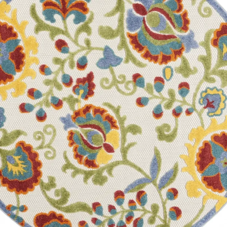 5' Green And Ivory Round Indoor Outdoor Area Rug