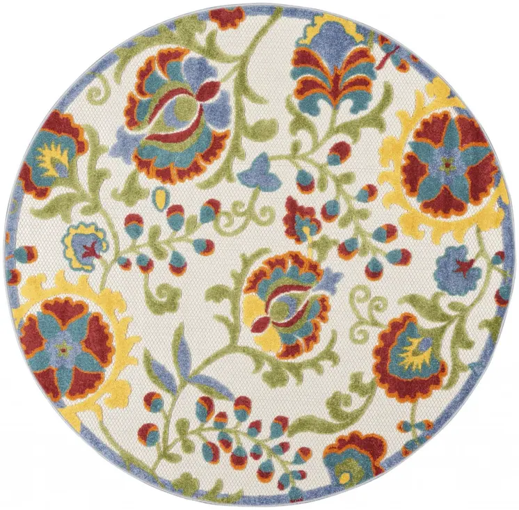5' Green And Ivory Round Indoor Outdoor Area Rug