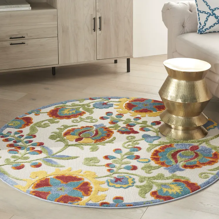 5' Green And Ivory Round Indoor Outdoor Area Rug