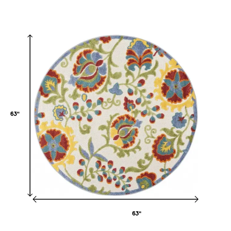 5' Green And Ivory Round Indoor Outdoor Area Rug