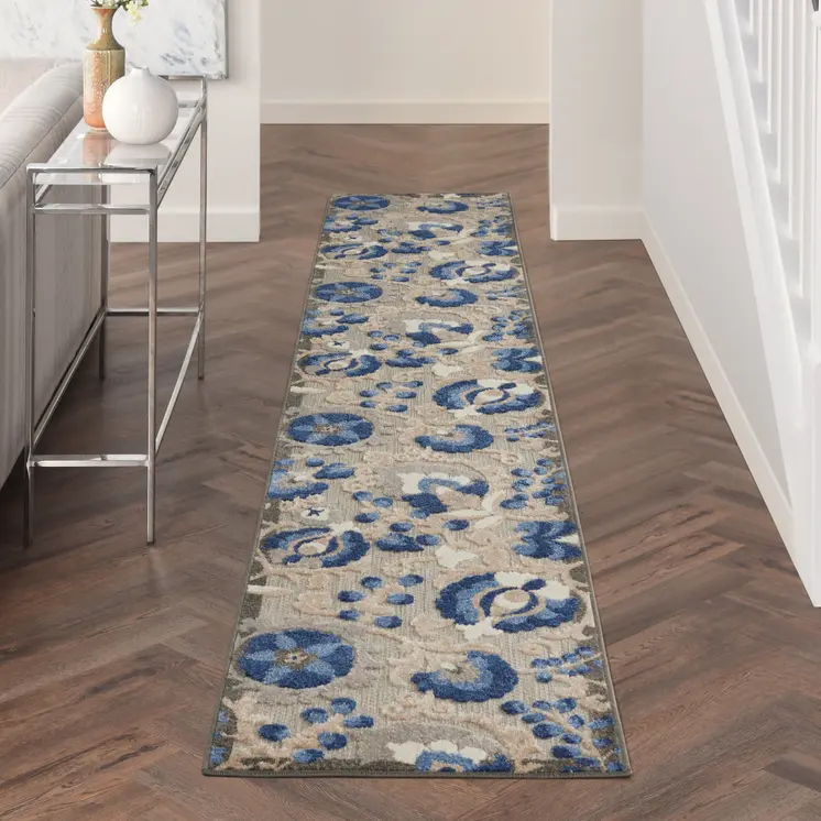 12' Blue And Gray Indoor Outdoor Runner Rug