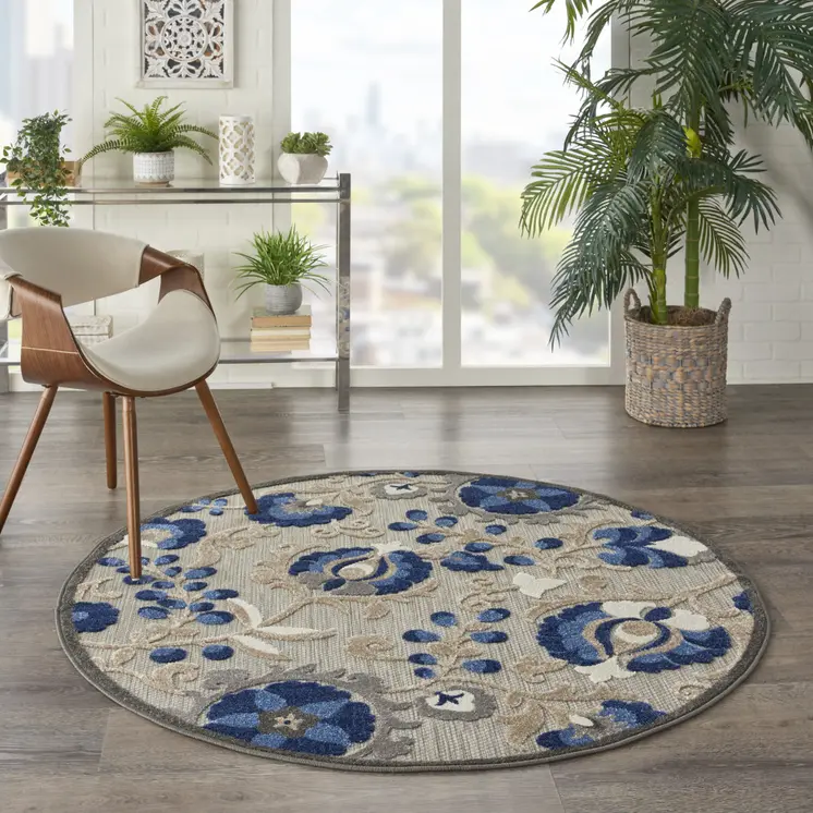 4' Blue And Gray Round Indoor Outdoor Area Rug